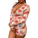 Womens Hot Trendy Pink Candy Printed Plunge V Neck Long Sleeve Sexy Rompers