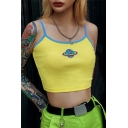 Girls Simple Planet Embroidery Contrast Trim Slim Fit Yellow Crop Cami