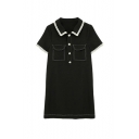 Summer New Arrival Short Sleeve Stand Collar Button Front Neck Pocket Embellished Straight Mini Dress
