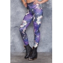 Purple Elastic Waist Cartoon Galaxy Printed Skinny Fitted Legging Pants