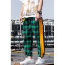 Guys Street Style Trendy Colorblock Plaid Pattern Ribbon Embellished Casual Loose Track Pants