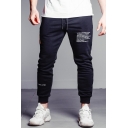 Men's New Fashion Letter Printed American Flag Patched Drawstring Waist Black Casual Sports Pencil Pants