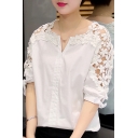 Womens Chic Fashion Hollow Out Lace Patched V-Neck Simple Plain Casual Blouse