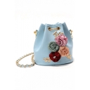 Women's Fashion Colored Flower Embellishment PU Leather Crossbody Bucket Bag 18*19*12 CM