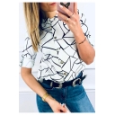 Simple Line Printed Stand Collar Button Down White Fitted Shirt Blouse