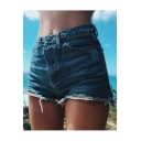 Summer Vintage Classic High Waist Distressed Raw Hem Denim Shorts for Women