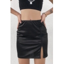 Girls Retro Chinese Style Frog Button Split Side Mini Short Black Bodycon Skirt