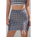 Fancy Black Plaid Print Zipper Embellished Lace-Up Side Mini Bodycon Skirt