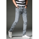 Men's Fashion Light Washed Simple Plain Zip-fly Slim Fit Grey Casual Jeans