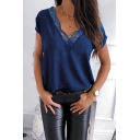 Womens Fancy Lace-Trimmed V-Neck Short Sleeve Plain T-Shirt