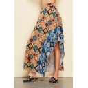 Summer Girls Hot Stylish Geometric Patchwork Print Split Side Maxi High Waist Skirt