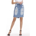 Women's High Rise Distressed Ripped Fringed Hem Mini Blue Bodycon Denim Skirt