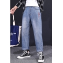 Men's New Fashion Embroidery Pattern Rolled Cuffs Straight Loose Casual Jeans