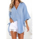 Womens Simple Solid Color Bell Sleeve Tied Side High Low Hem Button Down Casual Shirt