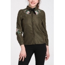 Womens Chic Simple Floral Embroidery Bow-Tied Collar Long Sleeve Vintage Green Shirt