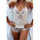 Women's Summer Hot Sexy Simple Plain Chic Lace-Trim Patch V Neck Spaghetti Straps Backless Romper Shorts