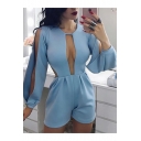 Summer Plain Hollow Out Long Sleeves Sexy Blue Romper for Party