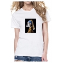 Funny Figure Printed Round Neck Short Sleeve White Fitted T-Shirt