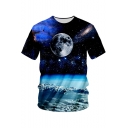 Blue Starry Universe Galaxy Print Round Neck Short Sleeve T-Shirt