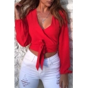 Womens Hot Stylish Plain Long Elastic Sleeve Plunge V Neck Knotted Fitted Blouse