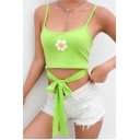 Hot Fashion Womens Sexy Floral Printed Sleeveless Bow Tie Cutout Green Straps Tee