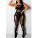 Womens Hot Sexy Strapless Sleeveless Sheer Mesh Contrast Trim Skinny Fitted Sport Bandeau Jumpsuits