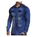 Mens Trendy Elbow Patched Long Sleeve Washed Blue Flap Pocket Front Slim Workwear Denim Jacket