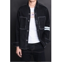 Mens Simple Stripe Long Sleeve Contrast Piping Casual Black Work Denim Jacket