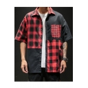 Guys Summer Vintage Plaid Pattern Stylish Patchwork Short Sleeve Casual Over Shirt