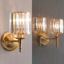 Luxurious Style Drum Wall Sconce 1/2 Bulbs Metal Wall Lamp with Clear Crystal in Gold for Bedroom