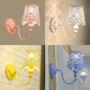 1 Head Tapered Wall Light Kids Metal Floral Hollow Sconce Light in Blue/Pink/White/Yellow for Girl Bedroom