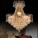 Gold Crown Shaped Chandelier Luxurious Style Clear Crystal Pendant Light for Living Room Villa