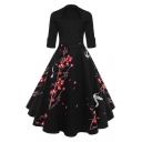 Womens Chic Vintage Floral Crane Printed Midi Black Fit and Flared Swing Dress
