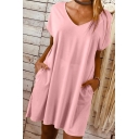 Womens Hot Trendy Solid Color V-Neck Short Sleeve Casual Loose Mini T-Shirt Dress with Pocket