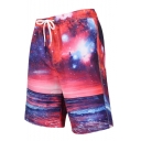 Men's Hot Stylish 3D Galaxy Print Drawstring Waist Beach Shorts Swim Trunks with Pocket and Mesh Lining