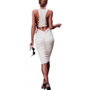 Womens Sexy Hollow Out Lace-Up Back Round Neck Sleeveless Plain Midi Bodycon Pencil Tank Dress