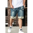 Men's Popular Fashion Camouflage Printed Rolled Cuffs Classic Washed Blue Oversized Ripped Denim Shorts