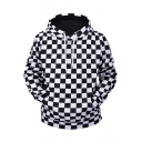 Fashion Black and White Checkerboard Printed Long Sleeve Pullover Hoodie