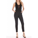 Trendy Plunge V Neck Lace Trim Sheer Mesh Patch Zipper-Back Skinny Jumpsuits for Women