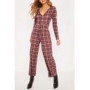 Spring New Stylish V-Neck Plain Check Print Long Sleeves Button Down Gather Waist Straight Pants Jumpsuits
