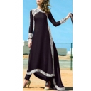 New Arrival Chic Long Sleeve Lace Trim Flare Maxi A-Line Dress