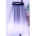 Womens Summer High Waist Galaxy Print Mesh Pleated Maxi A-Line Skirt