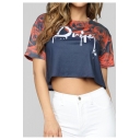 Womens Fashion Rose Floral Letter Printed Round Neck Short Sleeve Crop Blue Tee