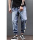 Men's Street Trendy Letter Stripe Printed Drawstring Waist Elastic Cuffs Multi-pocket Casual Loose Tapered Jeans