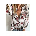 New Fashion Womens Floral Print Stand Collar Button Front Long Sleeve Casual Loose Shirt