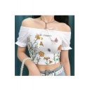 Summer Hot Stylish White Floral Butterfly Print Off Shoulder Ruffle Sleeve Umbilical T-Shirt
