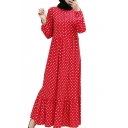 New Stylish Womens Long Sleeve Polka Dot Printed Button Front Pleated Hem Maxi A-Line Dress