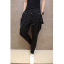 Men's Trendy Simple Plain Rhinestone Embellished Pleated Detail Black Baggy Low Crotch Harem Pants