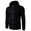Men's Simple Plain Fashion Patched Long Sleeve Zip Up Slim Fit Drawstring Hoodie