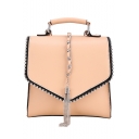 Trendy Plain PU Leather Rivet Tassel Embellishment Convertible School Satchel Shoulder Bag Backpack 21*20*9 CM